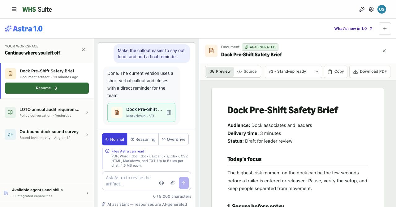 Astra 1.0 showing a conversation, workspace history, and a document artifact side by side